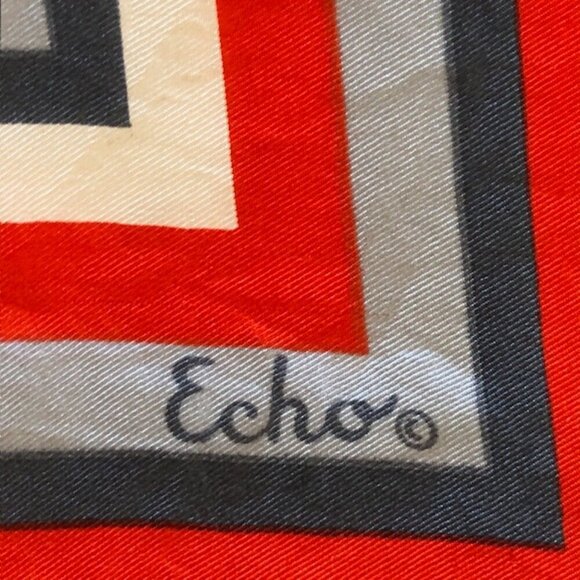 ECHO Silk Gray Red Square Scarf Vintage - Picture 12 of 16